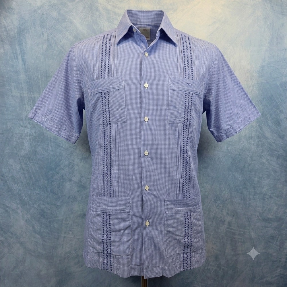 Dos Carolinas Mens Blue Micro Check Cotton Guayabera Short Sleeve Shirt L LRG